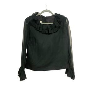 Vintage 60’s - Chiffon Ruffle Neck Sheer Sleeve Black Top - Size Small Blouse